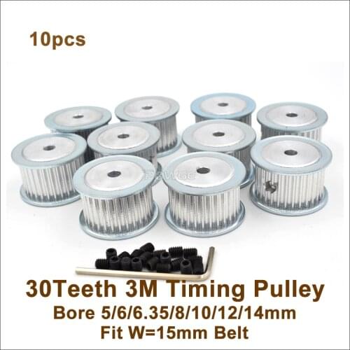 POWGE 10pcs 30 Teeth 3M Timing Pulley Bore 5/6/6.35/8/10/12/14mm Fit W=15mm 3M Belt 30T 30Teeth HTD3M Pulley Cutting Machine