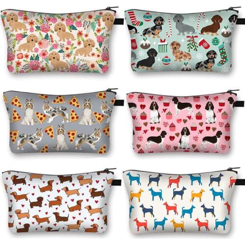 Cartoon Dog Print Ladies Cosmetic Bag Shopping Fashion Coin Purse Cute Dachshund Holding Portable Travel Girl Cosmetic Case