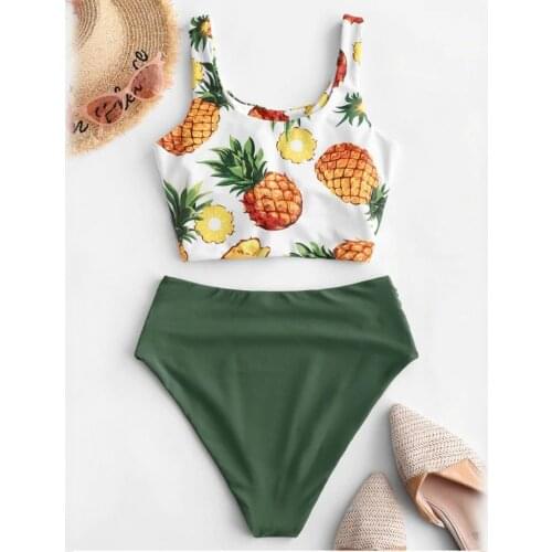 Sexy Womens Bikini Set Pineapple Print Knotted Mix And Match Tankini Swimwear Swimsuit High Waisted Traje De Bano Mujer 2021