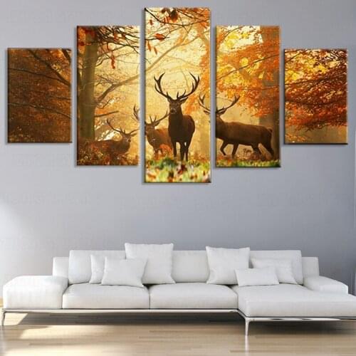 Framework HD Printed Modern Wall Art Canvas 5 Panel Animal Deer Autumn Tree Home Decor Living Room Painting Modular Pictures