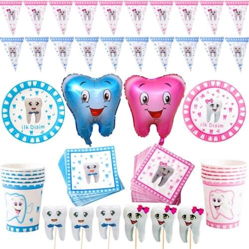 Baby First Tooth Theme Party Tableware Pink Blue Paper Plate Cup Napkin for Baby Shower Kids Boy Girl Toothed Party Supplies