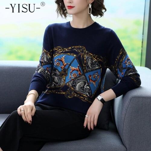 YISU Print Sweater Women Knitted Pullovers Autumn Winter Fashion Sweater Long Sleeve O-Neck soft jumper Women Sweaters
