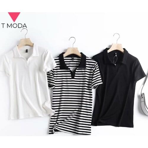 T MODA 2021 Summer Women Striped Polo T Shirts Turn Down Collar Short Sleeve T-shirt Lady Casual Slim Tee Shirt Female Chic Tops