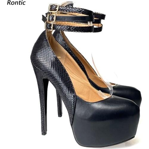 Rontic Handmade Women Platform Pumps Ankle Strap Snake Stiletto Heel Round Toe Fabulous Black Party Shoes Women US Size 5-20