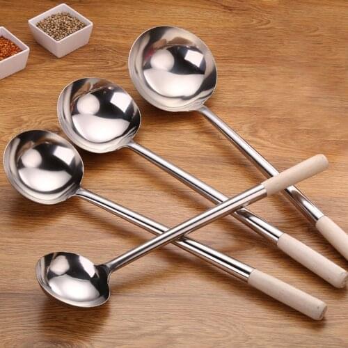 Extended Pot and Spoon Cooking Shovel 304 Stainless Steel Thickened Shovel Spoon Chef Kitchen Cooking Supplies Wooden Handle