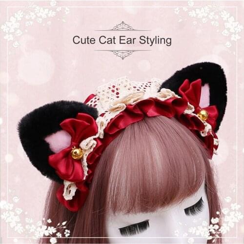 Japanese Girl Lace Bell Cat Ear Hoop Lolita Maid Headband Cute Headdress Bandana Anime Cosplay Lolita Hair Accessories