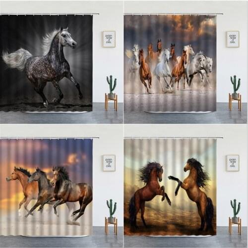 Farm Animal Running Fine Horse Landscape Shower Curtains Waterproof Fabric Bathroom Decor Hanging Curtain With Hooks Bath Screen