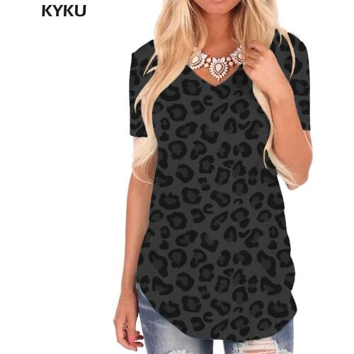 KYKU Leopard T Shirt Women Gradient V-neck Tshirt Harajuku Tshirts Printed Womens Clothing Punk Rock Loose Streetwear