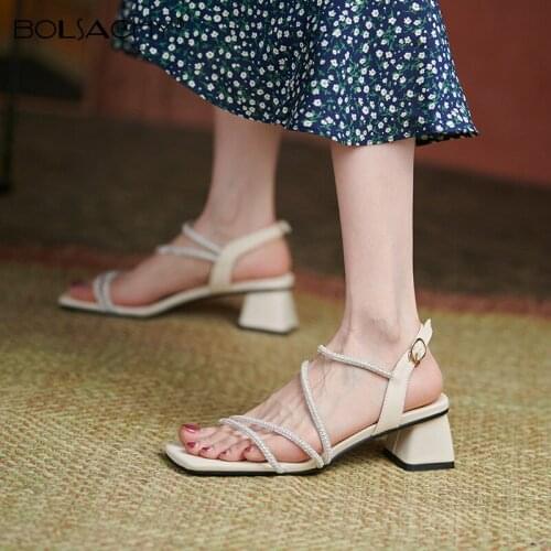 Ladies Shoes Sandals Cross Strappy Rhinestone Summer Gladiator Women Zapatos De Mujer Thick Heels Tacon Pumps Bright Diamond