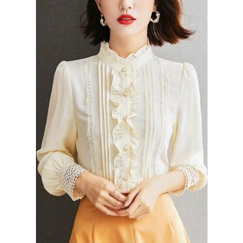 Blouse Button Up Vintage Chiffon Shirt Womens Autumn 2021 New Long Sleeve Chiffon Ruffle Stand Collar Solid Ladies top 138B