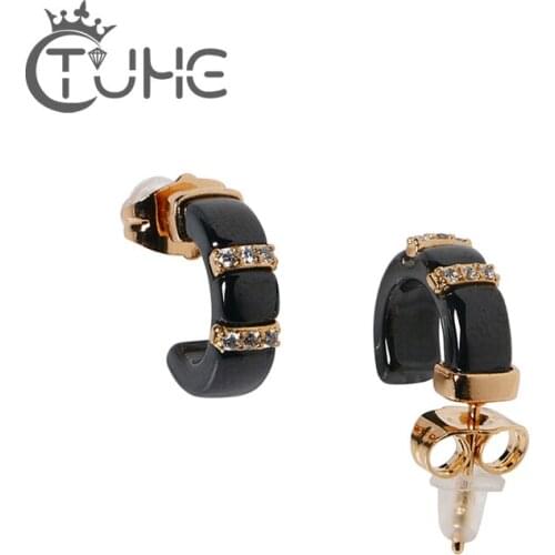 New 585 Rose Gold 2 Row Of Crystal Stud Earrings U Shaped Black Ceramic Women Lady Jewelry Fashion Small Cute Earrings For Gifts