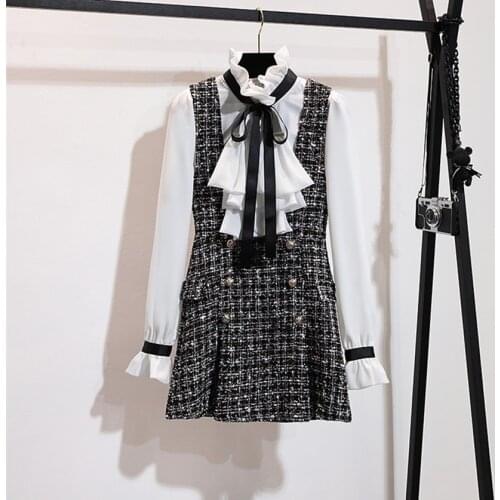 S-XXL 2021 New Autumn Winter 2 Piece Set Dress Fashion Women Chiffon Ruffles Bow Shirt + Double-breasted Plaid Tweed Dress Set