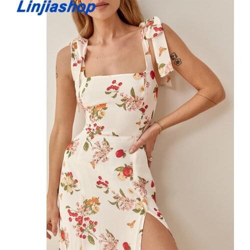 White Floral Tied Braces Long Dress Women Elastic Waist Square Collar Summer Dress Split Backless Party Dresses