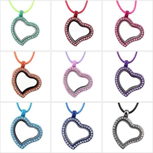 1pcs heart Colorful Floating Locket with Rhinestone Glass Memory Living Floating charms Locket necklace women with chain