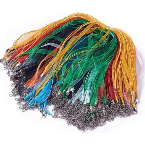 100pcs Adjustable Organza Ribbon Waxed Cord Thread Necklace Making Iron Lobster Clasp for Jewelry Making DIY Finding 17.6"~17.8"