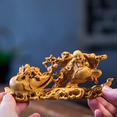 12/14/18/20CM Fu Bag Laugh Maitreya Small Wood Statue Collection Ornaments Gifts Buddha Laughing Buddha Statue Home Decoration