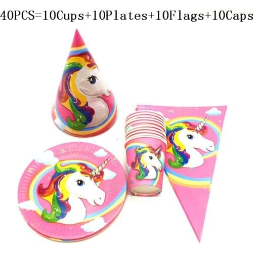 40Pcs/80Pcs New Sale Disney Unicorn Theme Birthday Party Supplies Paper Cups Plate Hat/Cap Banner For Kid Party Decor Supplies