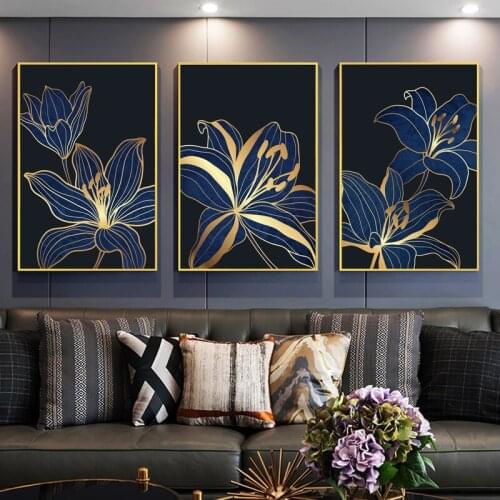 Abstract Blue Golden Flowers Canvas Painting Nordic Pictures Modern Wall Art Posters and Prints for Living Room Aisle Home Decor