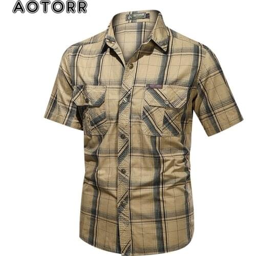 2021 Mens Plaid Shirts Casual Short-sleeve Shirt Military Tops Business Cotton Dress Shirts Male Lapel Slim Summer Streetwear