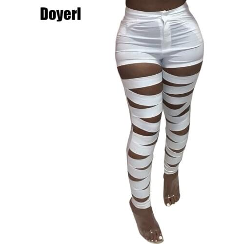 Bandage Hollow Out Pencil Pants Women Pants Summer 2021 Harajuku Black White Party Club Sexy Skinny High Waist Pants Trousers