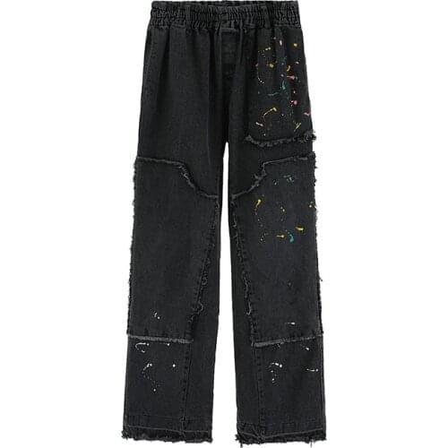 High Street Elastic Waist Mens Loose Jeans Pants Denim Printing Black Casual Trousers Splash Ink
