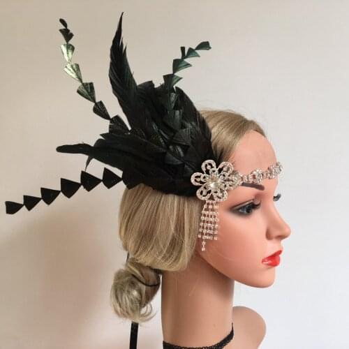 Black feather diamond chain tassel bridal headband tiara wedding photo stage performance jewelry