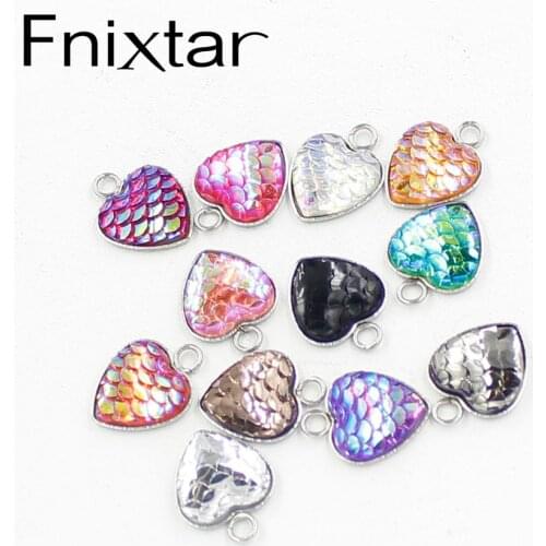 Fnixtar Fish Scale Resin Charm Pendants Heart Shape Charm Pendant Druzy Charms For Girls DIY Making Jewelry 12 mm 60piece/lot