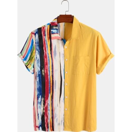 Fashion Men Hawaiian Shirt Short Sleeve Streetwear Print Striped Patchwork Summer Chic Blouse 2021 Beach Camisas Mens Shirts