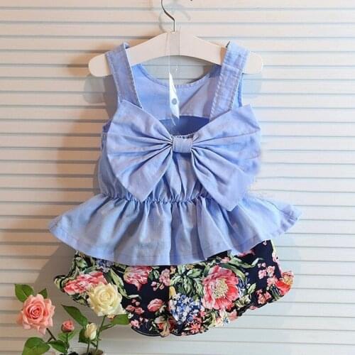 Girls Summer Clothes 2016 Short Set Blue Bow Sleeveless Vest+ Flower Print Shorts Set Toddler Girl Clothing For 2-8Y