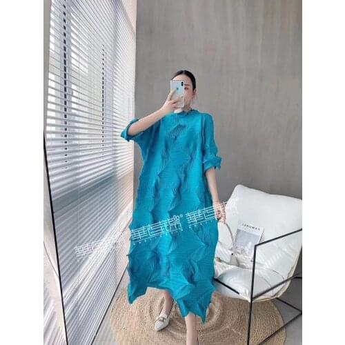 HOT SELLING Miyake fashion fold Diamond pleats dress half sleeve solid color o-neck loose bud dress IN STOCK