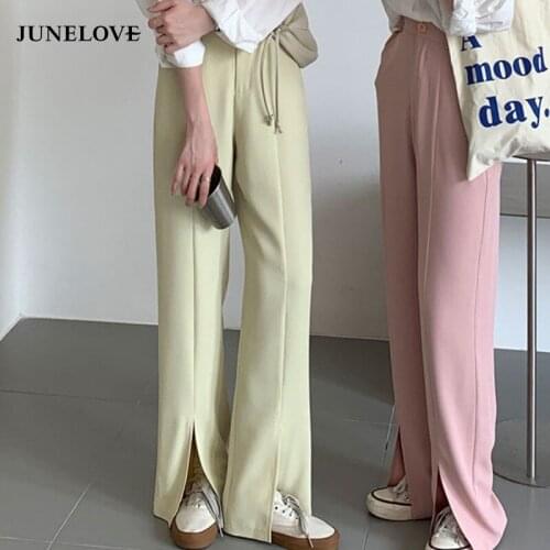 JuneLove Fashion Stylish Chic High Waist Wide Leg Solid Female Trousers Spring Summer Loose Pockets Slits Women Suit Pants 2021