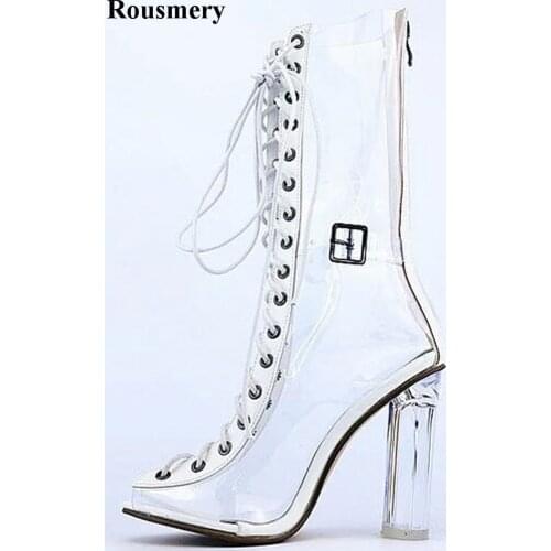 Newest Women Fashion Open Toe Lace-up Transparent Crystal Thick Heel Boots Ladies Sexy Mid-calf Plastic High Heel Boots