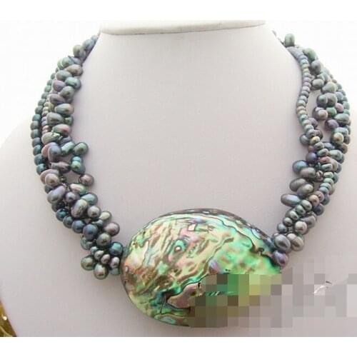Huij 003648 4Strds Black Pearl&Paua Abalone Shell Necklace