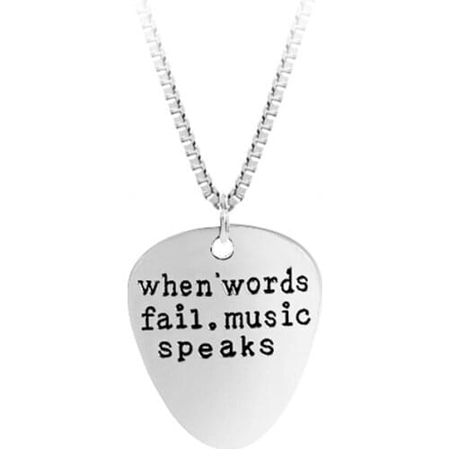 High Quality Letter Pendant Choker When Words Fail Music Speaks Silver Necklace Guitar Pick collier femme jewelry collier anime