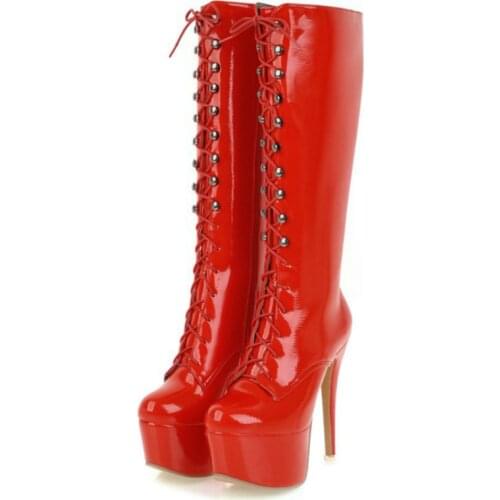 Sexy Lace Up Boots Women Platform Thin High Heels Knee High Boots 2021 Winter Red Black White Boot Fetish Party Shoes Large Size