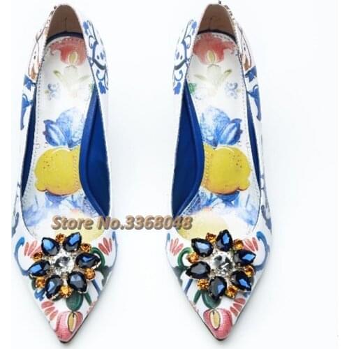 Fashion Luxury Crystal Flowers Decor Blue Pumps Women Floral Print Shallow Slip On Heels Shoes Pointed Toe Gladiator Pumps
