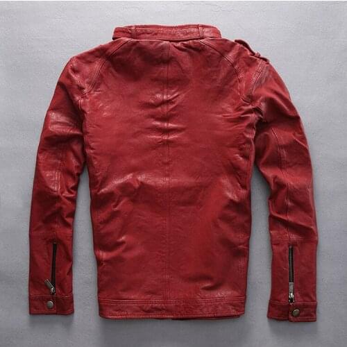 Slim fitted red leather men Vegetable tanned goatskin black fashion biker jacket coat for male new arrival M-XXXL