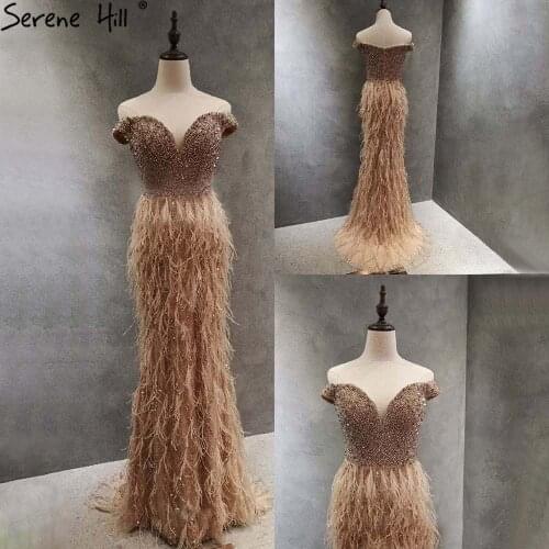 Serene Hill Gold Feather Beaded Evening Dresses Gowns 2021 Elegant Mermaid Luxury For Women Party LA71381