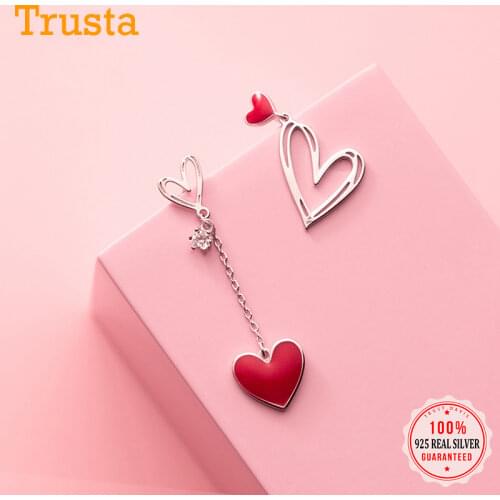 TrustDavis Real 925 Sterling Silver Fashion Romantic Asymmetric Heart Stud Earrings For Women Party Fine S925 Jewelry DS1132