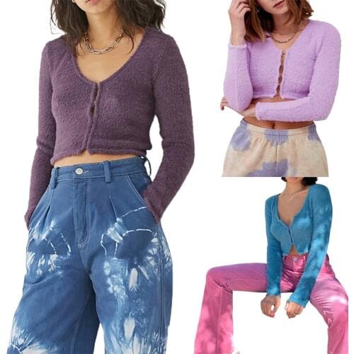 Women Solid Color Cropped Tops Long Sleeve Deep V-neck Button-up Coat for Spring Fall Crop Tops