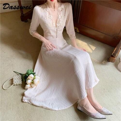 DASSWEI Elegant Midi Dress For Women V-Neck High Waist Chiffon Lace Patchwork Slim Dresses Female Solid Fairy Dress 2021 Autumn