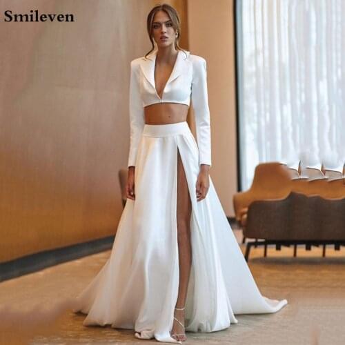 Smileven Jacket Evening Dress Long Sleeve 2 pieces High Side Split Prom Gowns saudi arabia Sexy V Neck Evening Party Dress
