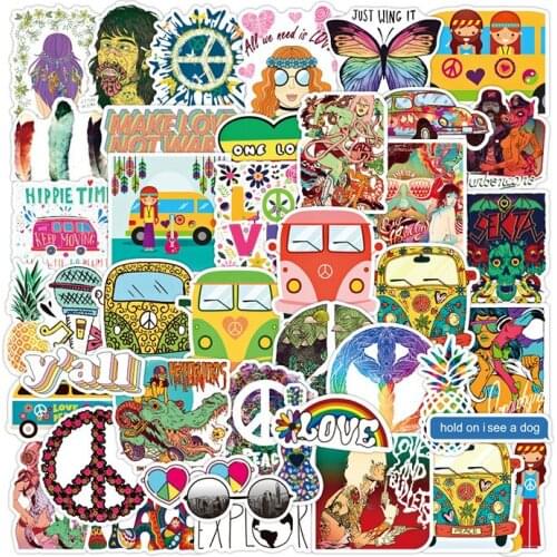 50PCS Retro Hippies Stickers Love And Peace Bus Decal DIY Stationery Car Motorcycle Laptop Luggage Skateboard Graffiti Stickers