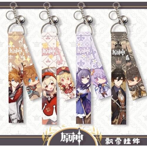 Anime Genshin Impact Zhongli Keqing Diluc Bell Ribbon Cute Small Keychain Game Backpack Pendant School Bag Keyrings Xmas Gifts
