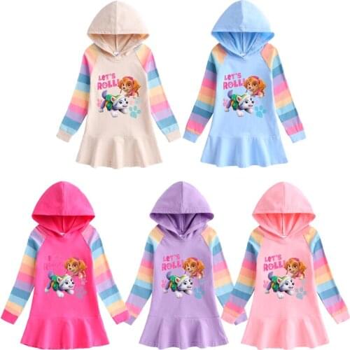 Childrens Dress Cotton Girls Dress Cartoon Paw Patrol Childrens Long Sleeve Hooded Dress Festival Dress Childrens Dress