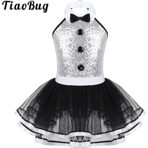 TiaoBug Kids Sleeveless Shiny Sequins Mesh Tutu Ballet Dress Girls Gymnastics Leotard Children Modern Performance Dance Costume