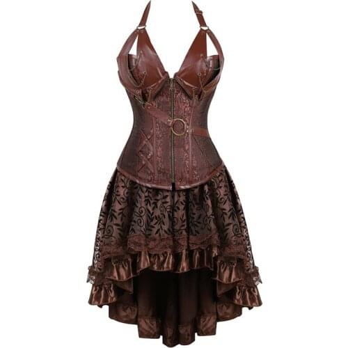 Gothic Steampunk Corset Dress Leather Overbust Corsets and Bustiers Skirt Pirate Party Halloween Costume Brown Corset Dress