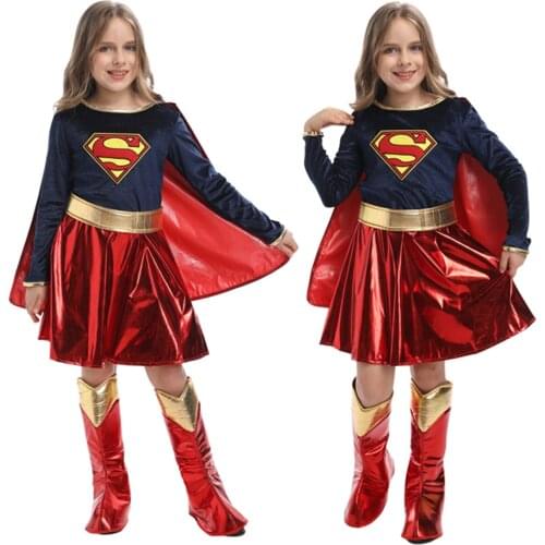 Halloween New Costume Child Cute Girls Women With Cloak Supergirl Cosplay Holiday Purim For Adult Kids Birthday Party Dress Up