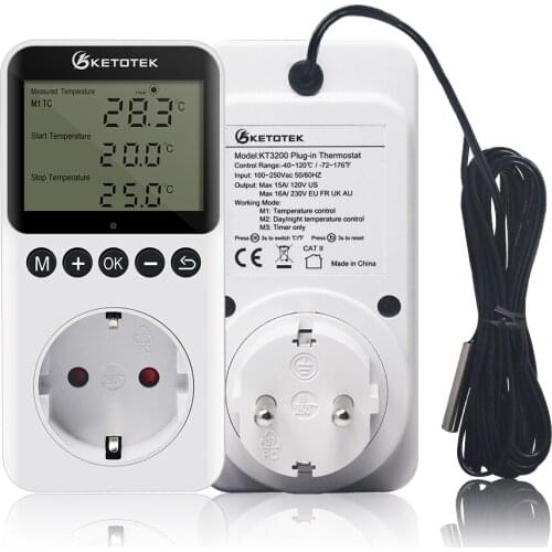 KT3200 EU/US/AU/UK Incubator Socket Thermostat Digital Temperature Controller With Timer Switch Sensor Probe Heating Cooling