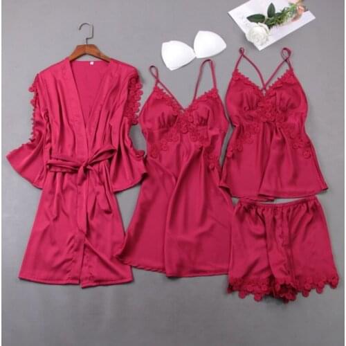 Nighties Gown Set Women 4PCS Nightshirts V-Neck Cami Pajamas Sleepwear Sleep Bathrobe Lady Wear Home Suit Nightgown Spring Robe